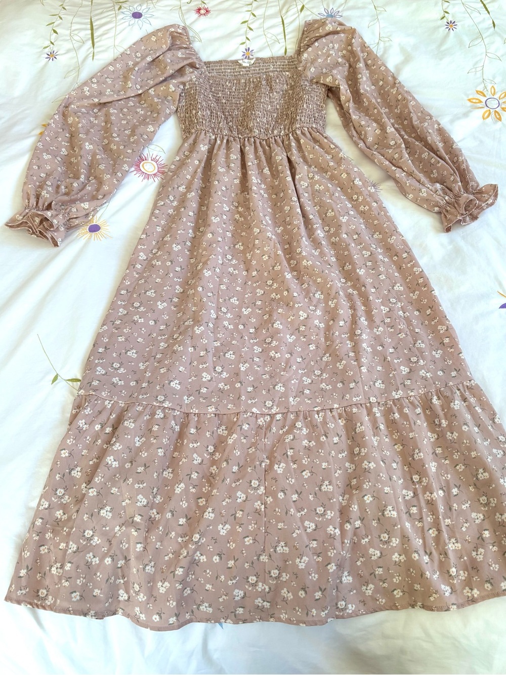 Smocked Square-Neck Maxi Dress in Dusty Rose Floral